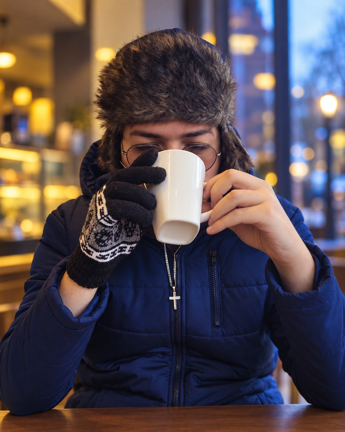 Lucas Cantarelli Lustosa tomando um café